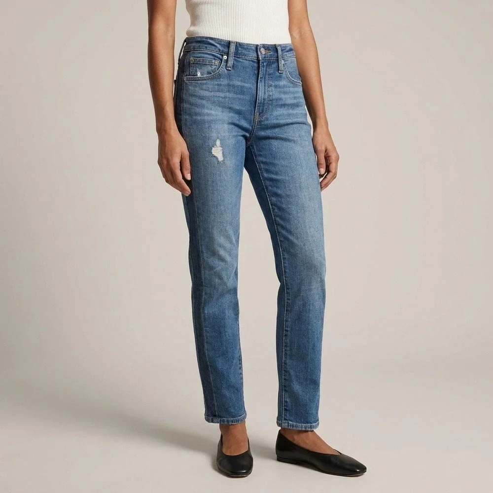 J.Crew Womens Tuxedo Stripe Distressed High Rise Straight Leg Jeans Blue Size 27